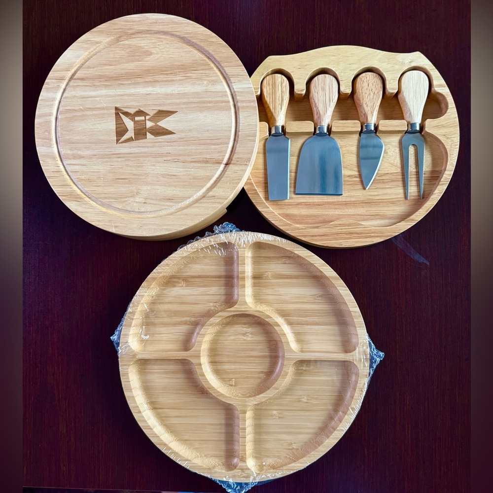 Bamboo Cheese Board & Charcuterie Set w Knives Round Serving Tray Monogram